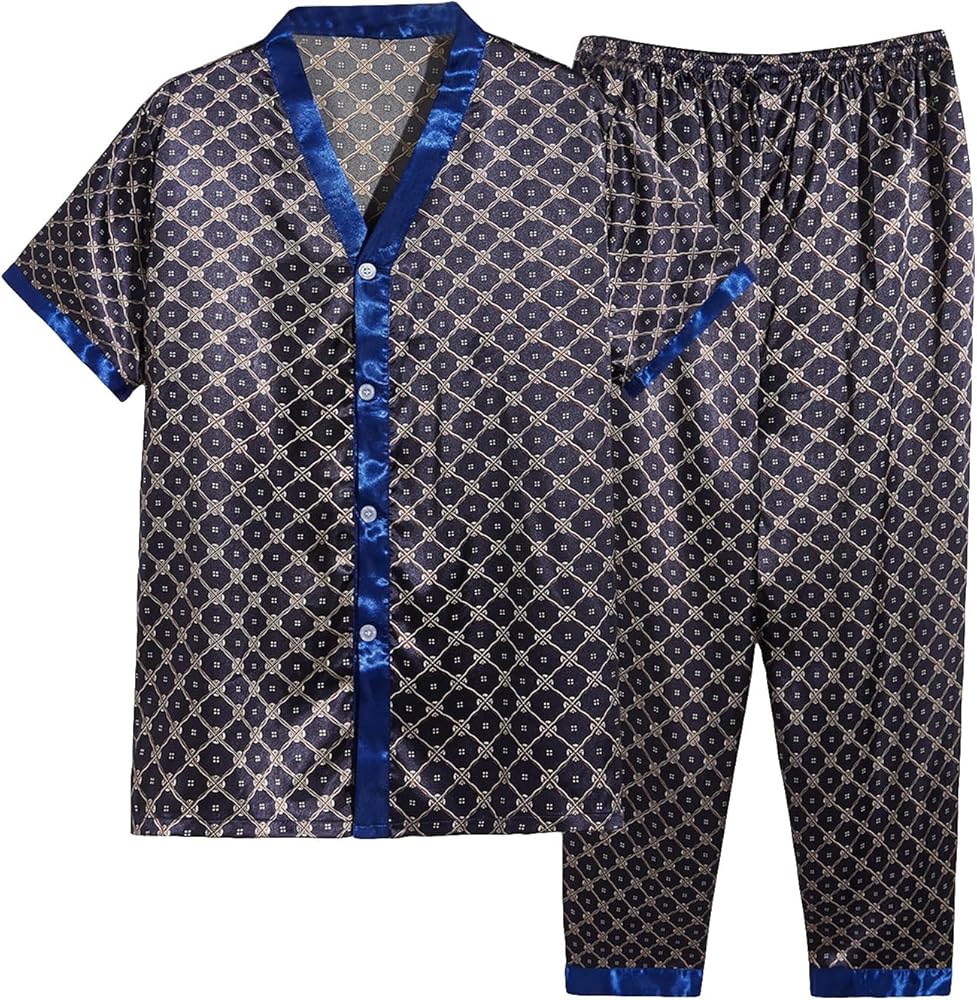 WDIRARA Men's 2 Piece Pajama Set Geo Print Satin Button Down Short Sleeve Sleepshirt With Pants