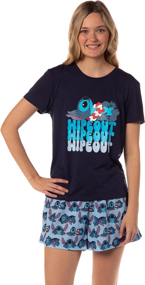 Disney Womens' Lilo & Stitch Wipeout Short Sleeve and Short Sleep Pajama Set