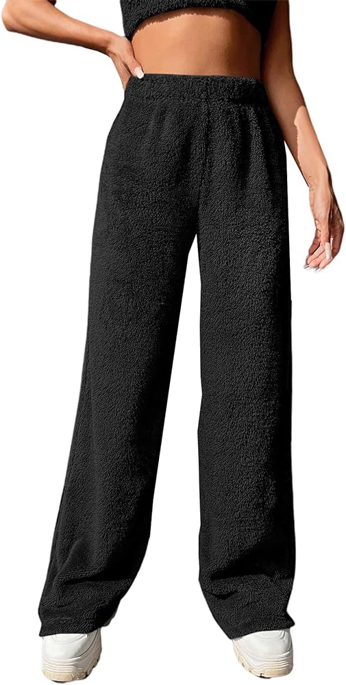 Verdusa Women's High Waist Fuzzy Fleece Lounge Long Pants Pajama Pants