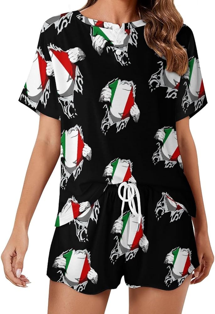 ITALIAN FLAG Classic Women's Pajamas Loungewear Set Loose Short Sleeve Sleepwear With Pockets