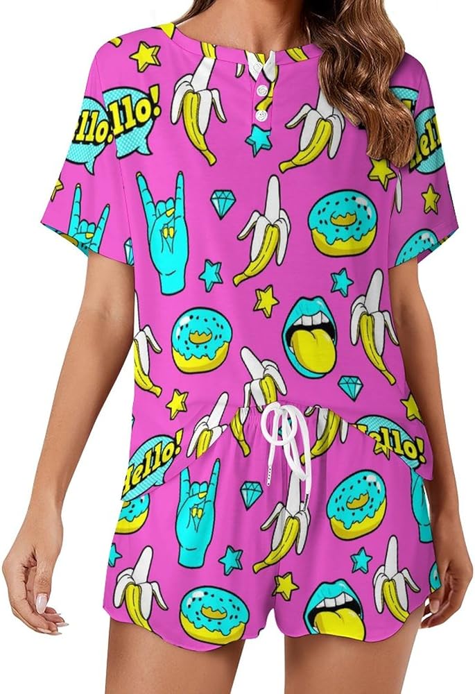 Neon Colors Bananas Donuts Classic Women's Pajamas Loungewear Set Loose Short Sleeve Sleepwear With Pockets