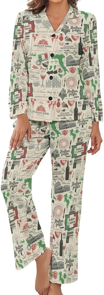 Theme Italian Cuisine Women's Pajamas Set Button Down Sleepwear PJ Set Loungewear Night Suit with Pocket