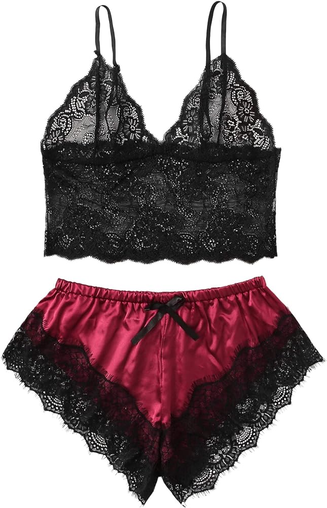 WDIRARA Women's 2 Piece Lingerie Floral Lace Cami Top with Satin Shorts Sleepwear Pajama Set