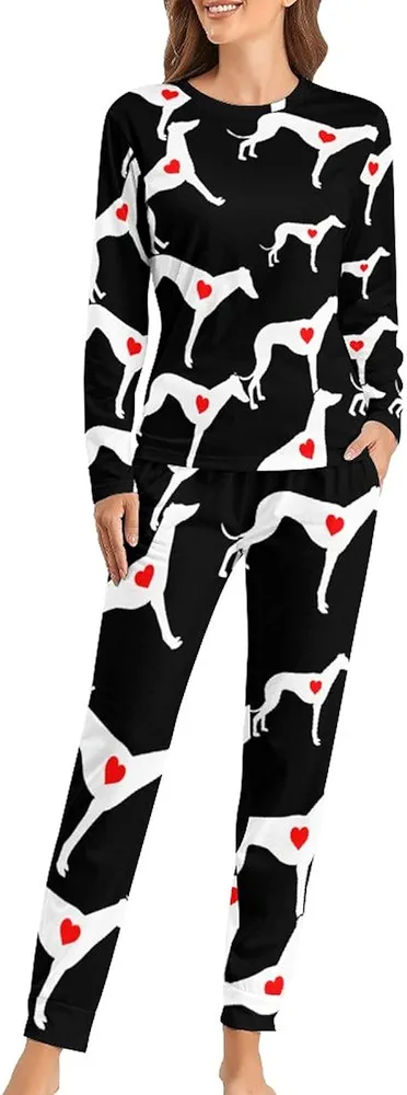 Greyhound Dog Heart Women's Pajama Set Long Sleeve Sleepwear Suit Pjs Lounge Set with Pocket M