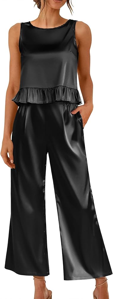 Ekouaer Womens Satin Pajamas Set 2 Piece Silk Outfits Sleeveless Tank Crop Wide Leg Pants Sleepwear with Pockets