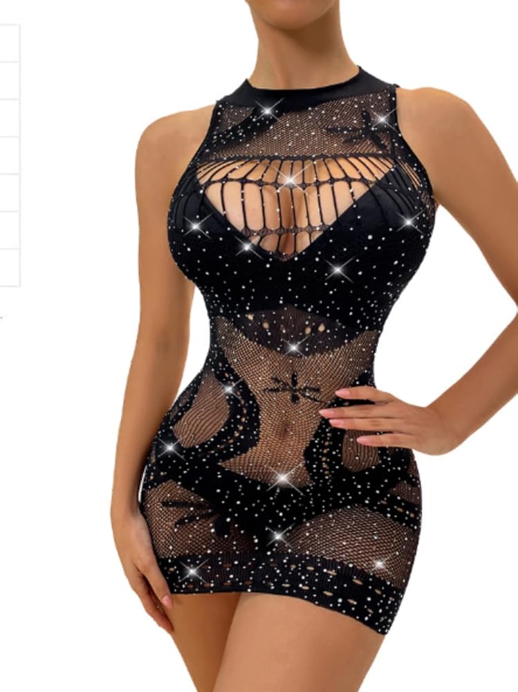 CIUCMIA Womens Rhinestone Fishnet Babyball Lingerie Lace Mini Dress Cut Out Sheer Negligee Chemise Sleepwear