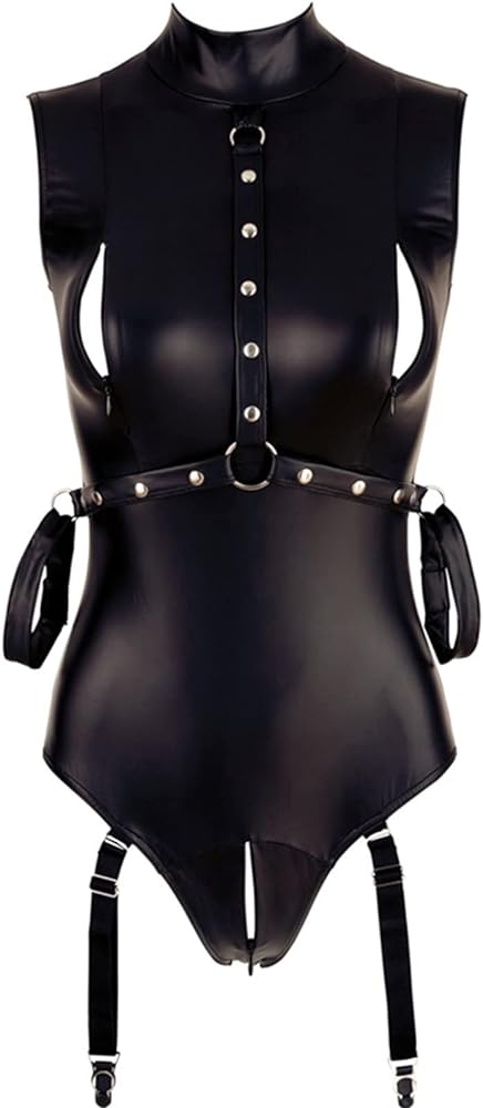 Naughty Sexy Lingerie Outfits for Women PU Leather Harness Teddy Sleepwear Roleplay Wet Look Bodysuit Babydoll Nightwear Bdsm Naughty Teddy Erotic V Neck Sleepwear Black