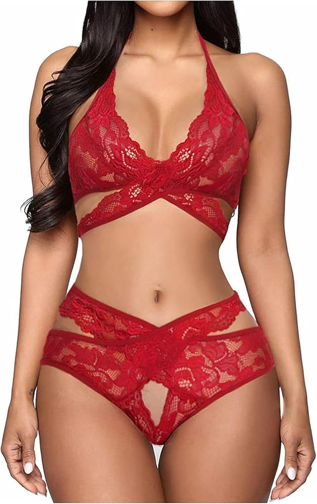 Lace Sexy Lingerie for Women Halter Bra and High Waist Panty Set See Through Hollow Babydoll Boudoir Outfits for Sex Naughty