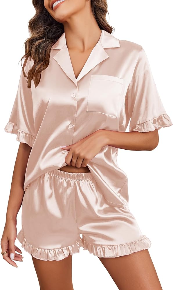 Ekouaer Womens Satin Pajamas Set Button Down Silk 2 Piece Pj Sets Ruffled Short Sleeve Sleepwear