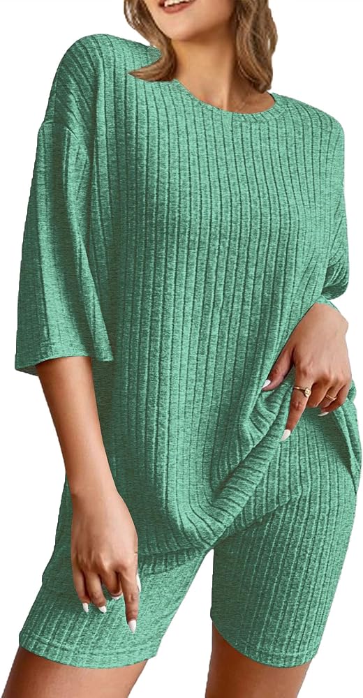 NORACORA Pajamas 2 Piece Lounge Sets Ribbed Knit for Women Matching T-shirt Shorts Outfits Sleepwear