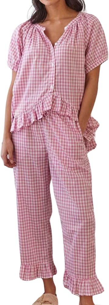 Womens Gingham Pajama Set 2 Piece Short Sleeve Babydoll Shirt and Pants Lounge Set Cute Sleepwear