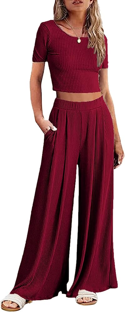 Ekouaer Women's 2 Piece Lounge Sets Short Sleeve Pajama Set Ribbed Knit Crop Top Wide Leg Pants Loungewear S-XXL