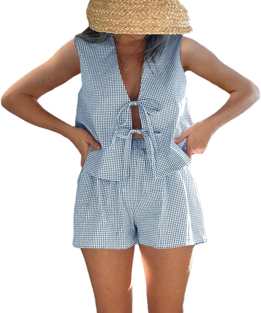 Women Y2k Gingham Set Tie front Tank Top Plaid Boxer Shorts 2 Piece Outfits Cute Summer Sets Loungewear