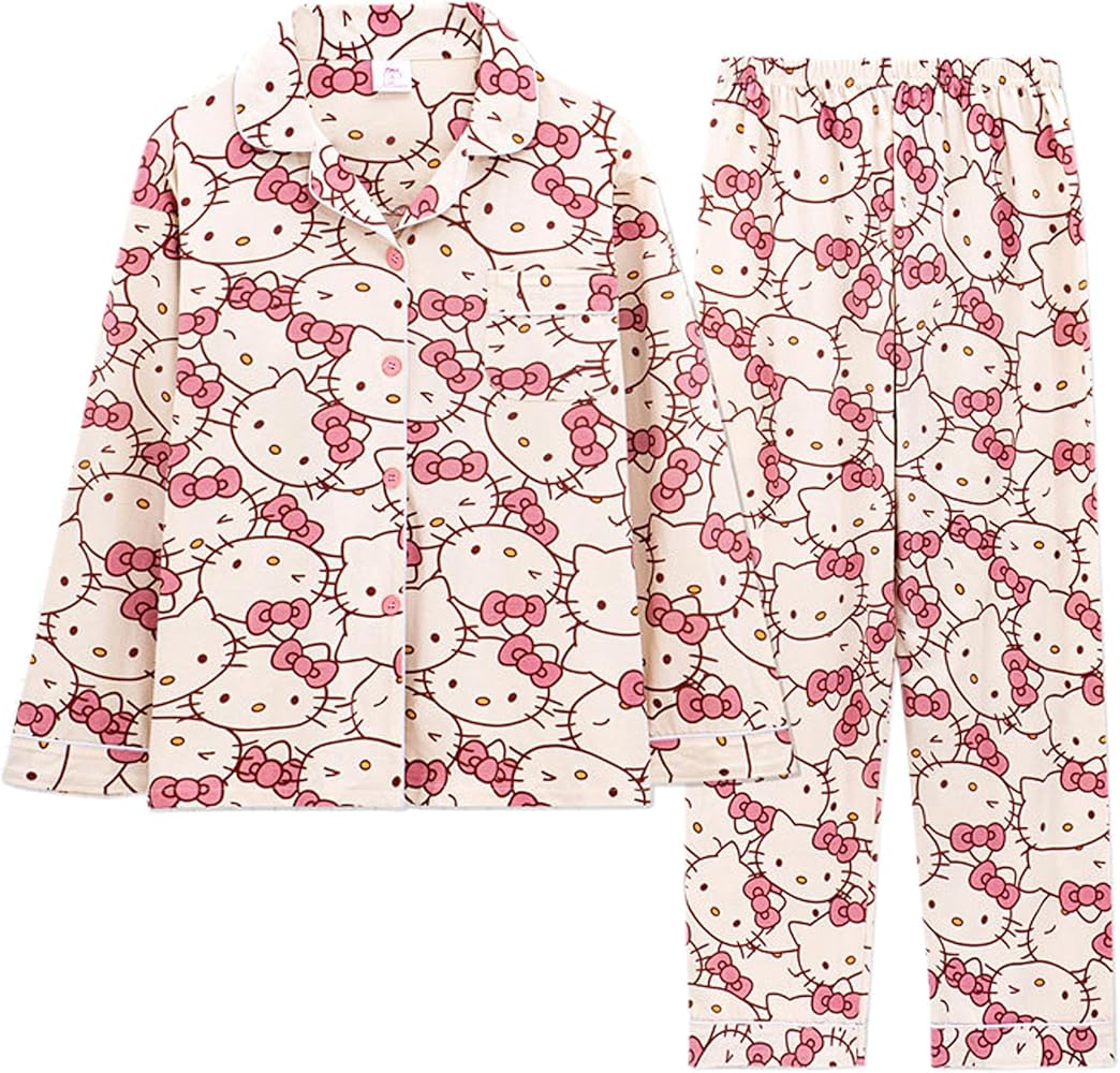 Kawaii Pajamas For Womens Pajama Pant Two-Piece Set Cute Cartoon Girls Sleepwear Home Cardigan Clothes