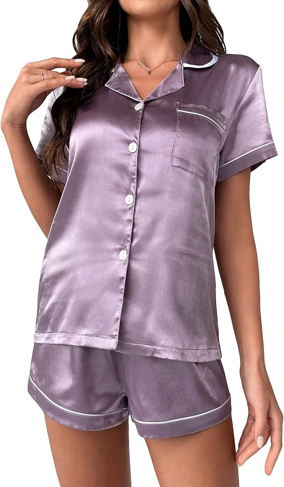 SweatyRocks Women's 2 Piece Satin Pajama Set Button Down Short Sleeve Top and Shorts Sleepwear