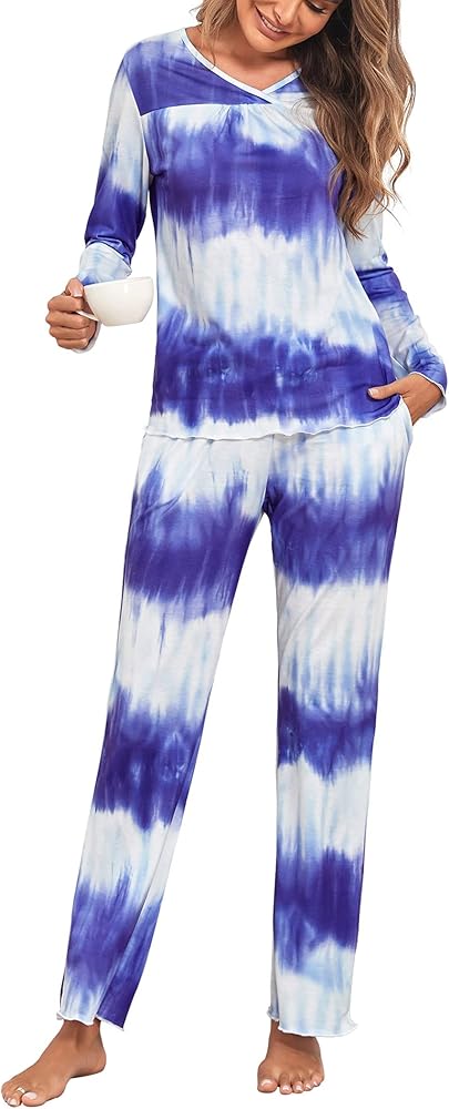 Women's Pajama Set Tie Dye Two Piece Long Sleeve Tops and Pants Sleepwear Soft Loungewear Pjs