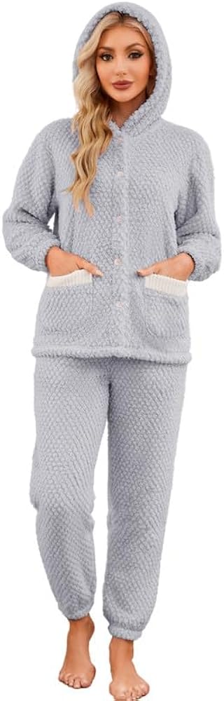 HEARTNICE Women's Cute Hooded Pajama Set, Soft Warm Plush Long Sleeve Sleepwear with Pockets Fluffy Fuzzy Cozy Pjs