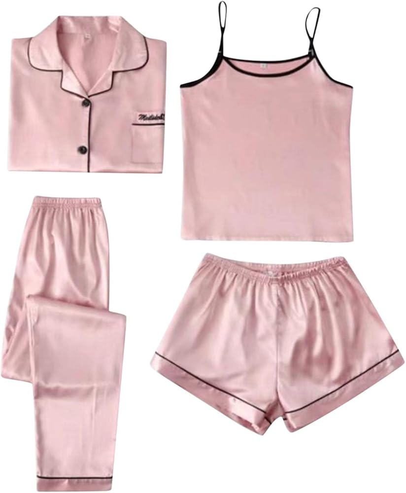 4Pc Pajama Set Womens Sexy Cami Top Shorts and Button Down Long Sleeve Shirt Pant Outfit Satin Sleepwear Loungewear