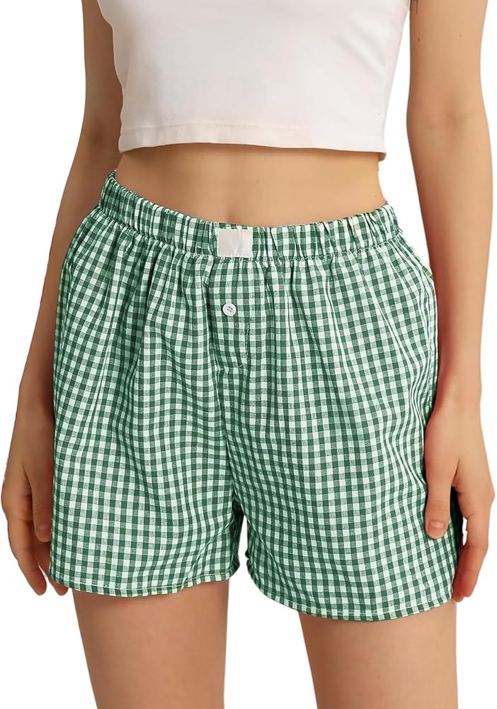 Gihuo Women's Y2K Plaid Shorts Gingham Lounge Boxer Shorts High Waisted Pajama Bottoms Casual Cute Pj Pants Sleepwear