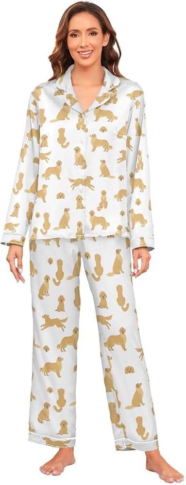 vvfelixl Women Pajama Sets Golden Retriever Dogs Satin Pajama Set for Women Long Sleeve 2 Piece Pj Sets for Women S