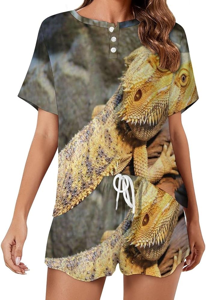 Bearded Dragon Classic Women's Pajamas Loungewear Set Loose Short Sleeve Sleepwear With Pockets