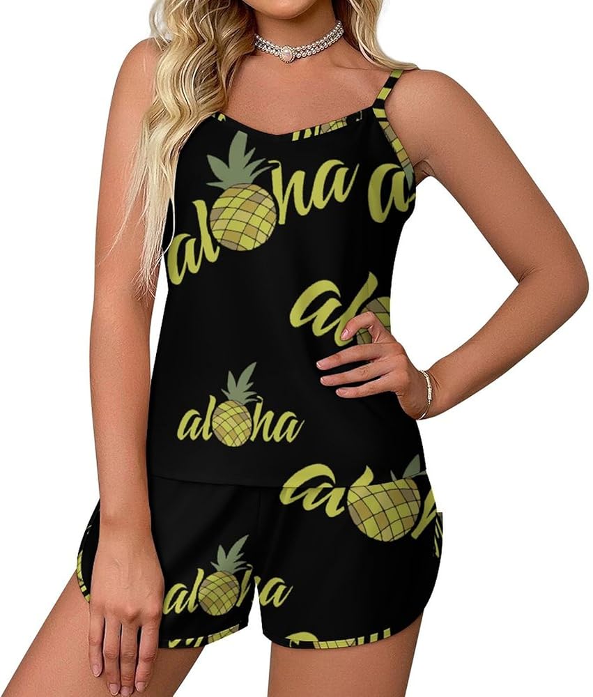 Aloha Pineapple Soft Women's Pajamas V Neck Loungewear Pj Shorts Sets Sleeveless Sleepwear