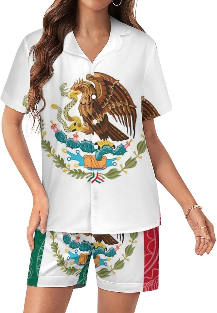 Mexican Paisley Flag Womens Silk Satin Pajamas Set Short Sleeve Button-Down Sleepwear Loungewear Pj Set