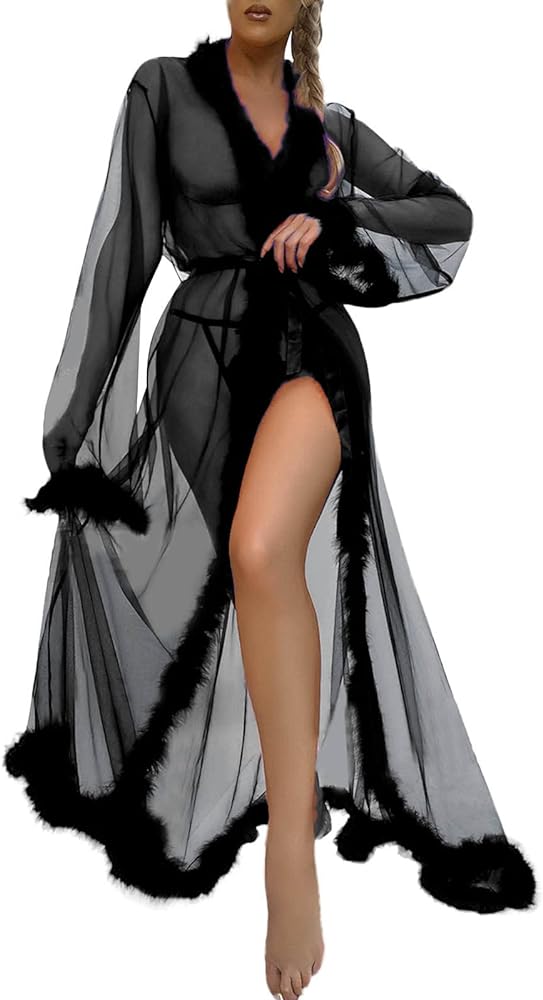 Women Fashion Sexy Tulle Robe Long Lingerie Nightgown Bathrobe Sleepwear Feather Bridal Robe Lace Women