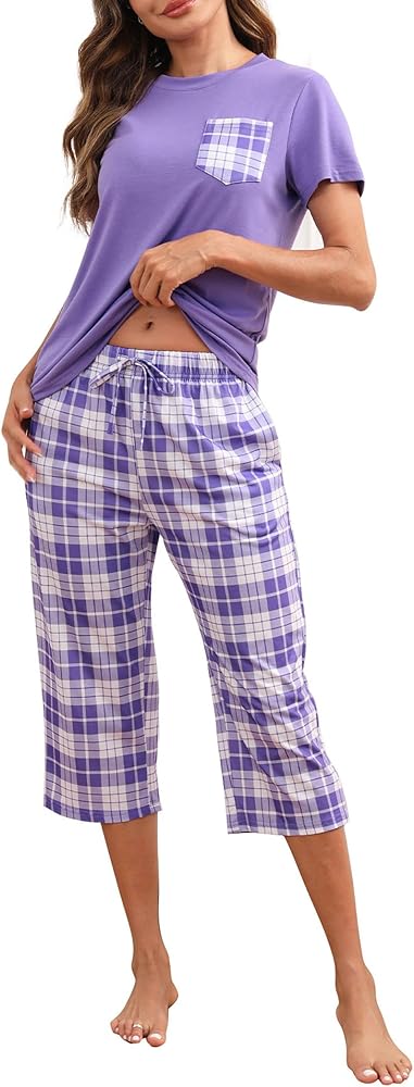 Womens Capri Pajama Sets Checkered Pjs Set Short Sleeve Plaid Pajama & Capris Pants Soft Lounge Sets with Pocket