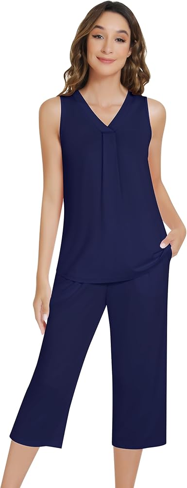 NACHILA Pajamas for Women-Viscose Made from Bamboo,Sleeveless Sleepwear Pleated Tank Top Pjs with Capri Pants Soft Pj