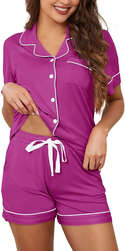 Womens Pajamas Set Short Sleeve Sleepwear Button Down Pjs Shorts Set Soft Pjs Lounge Set With Pockets