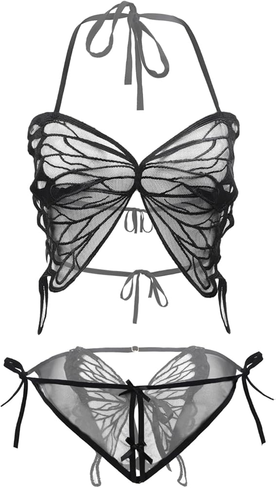 Women’s Lingerie Set Bra and Panty Set Soft Mesh Lace with Adjustable Strappy Butterfly Shape Underwear Set