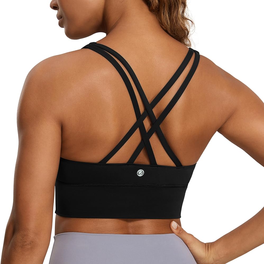 CRZ YOGA Womens Strappy Longline Sports Bra - Medium Impact Criss Cross Yoga Padded Bras Workout Crop Top