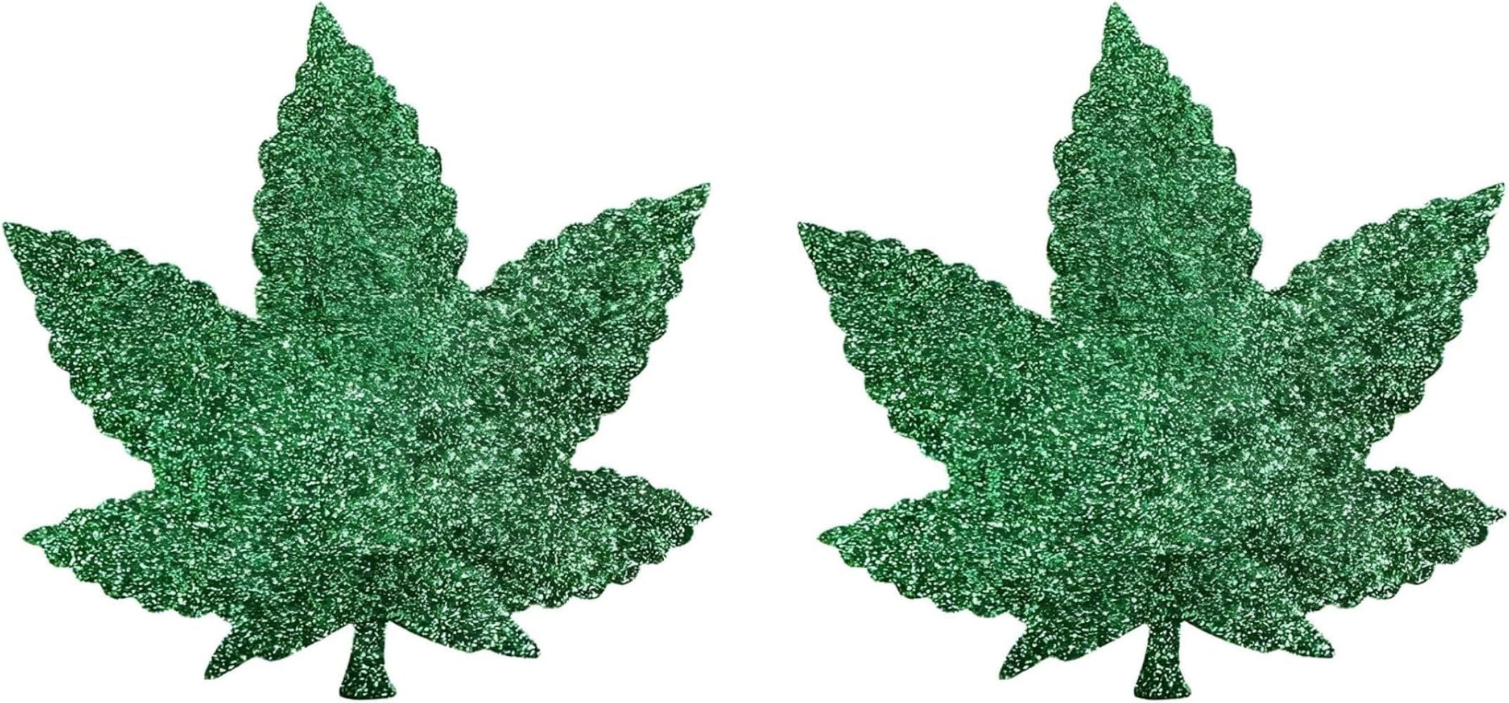 Green Glitter Leaf Weed Nipple Pasties, 2Pcs