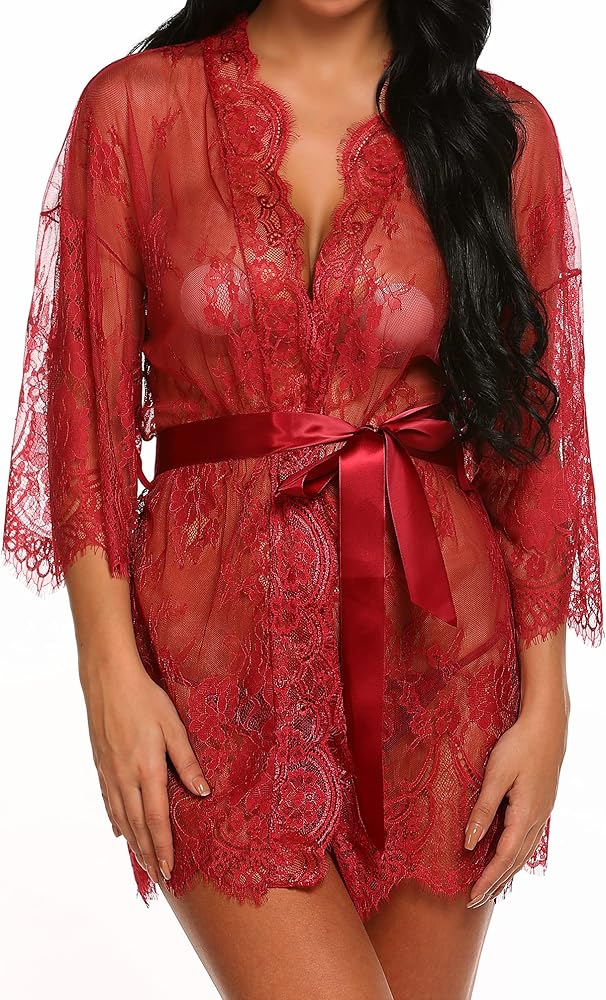 Ababoon Women Lingerie Robe Lace Kimono Bathrobes Sexy Nightgowns Babydoll Mini V Neck Nighty Sleepwear S~4XL