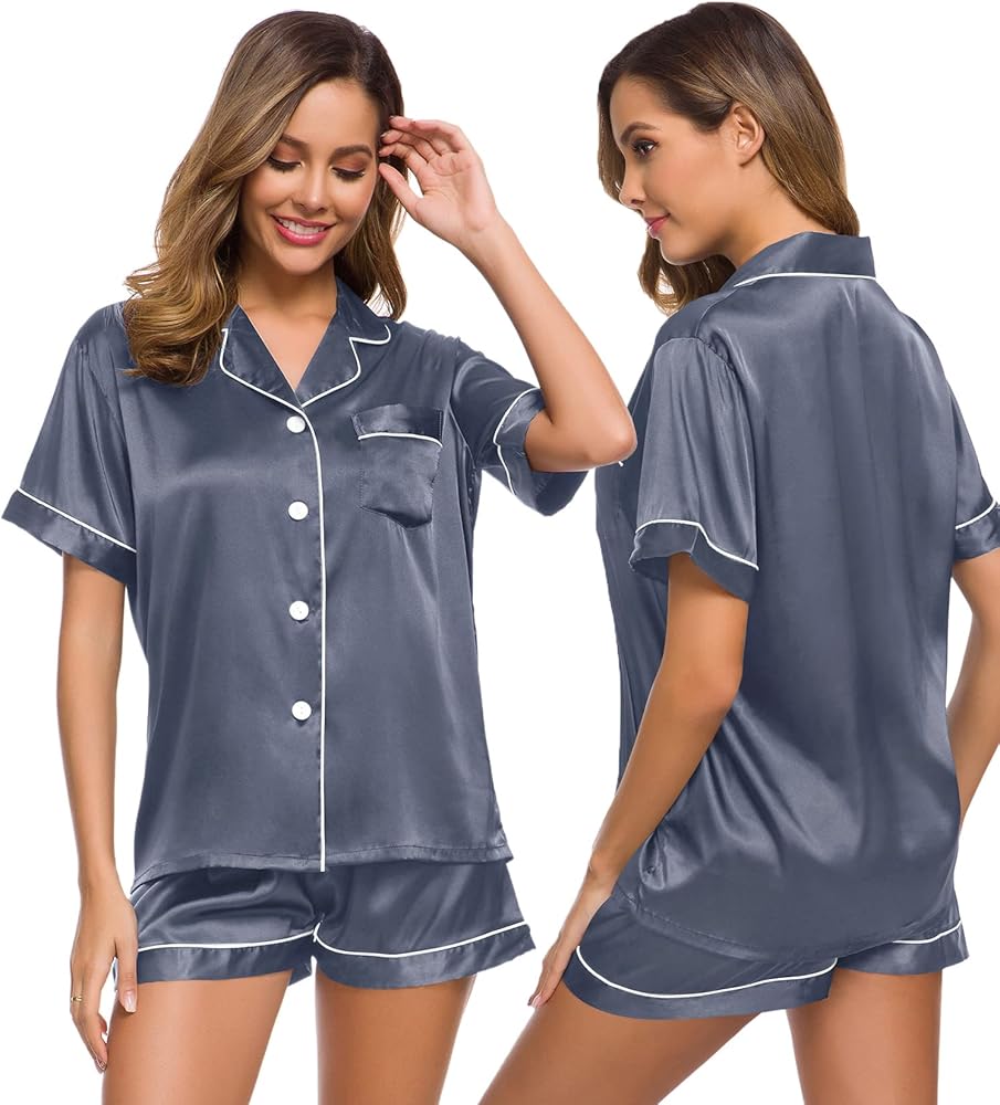 SWOMOG Womens Silk Satin Pajamas Set Short Sleeve Sleepwear Button Down Top and Shorts Loungewear 2 Piece Pjs Set XS-3XL