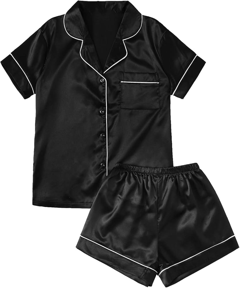 SweatyRocks Women's Short Sleeve Sleepwear Button Down Satin 2 Piece Pajama Set