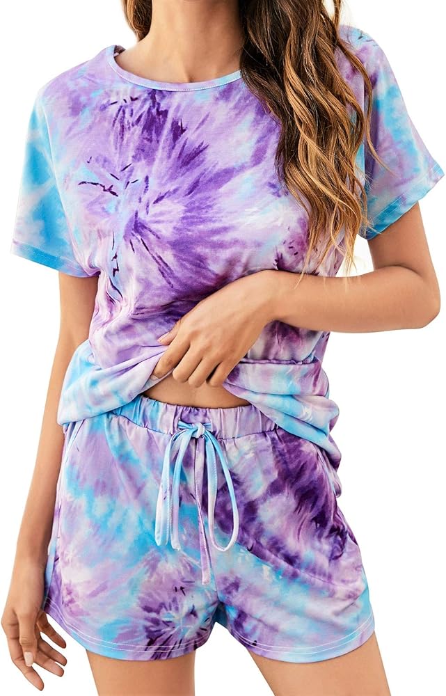 HOCOSIT Womens Tie Dye Printed Pajamas Short Sleeve Tops and Shorts Set Sleepwear 2 Piece Pjs Sets Loungewear