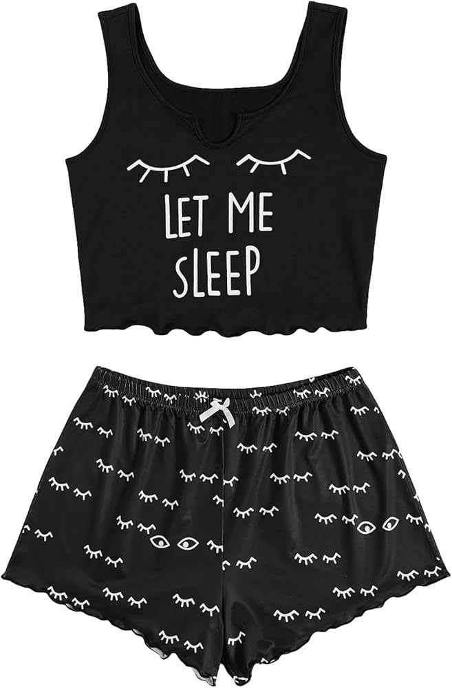 WDIRARA Women's Plus Size Sleepwear Cute Cartoon Print Scalloped Tank Top And Shorts Pajama Set