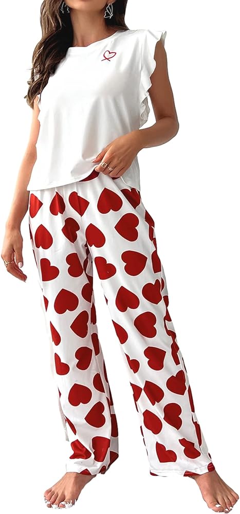 Verdusa Women's Heart Print Pajama Sets 2 Piece Sleepwear Ruffle Cap Sleeve and Long Pants Lounge Set Red and White S