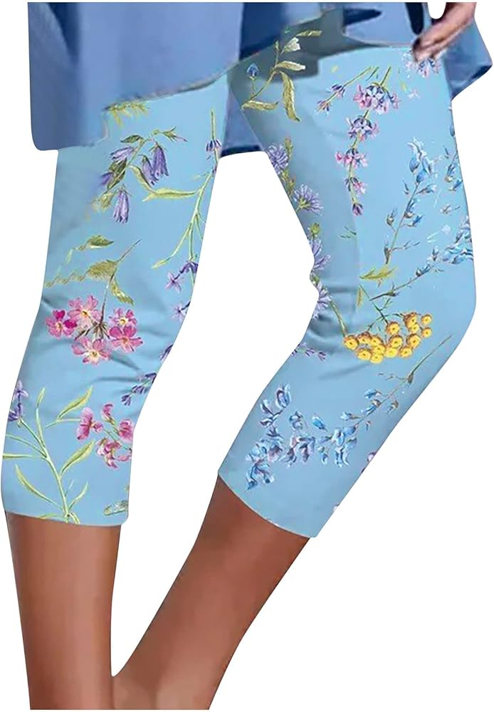 Womens Summer Capri Leggings Floral Print Stretchy Cozy Cropped Pants Lightweight Soft Lounge Pajamas Slim Fit Pants