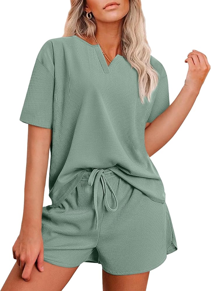 Pajamas Lounge Sets for Women 2 Piece Shorts Waffle Knit Summer Comfy Pj Loungewear Set Sleepwear with Pockets