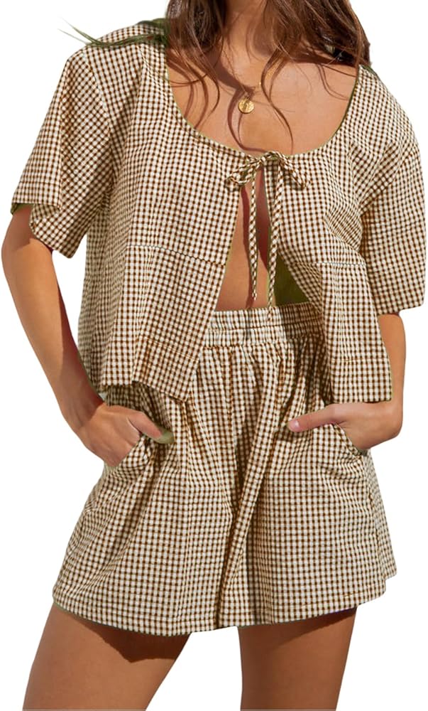 SOLILOQUY Women 2 Piece Cute Pajama Set Plaid Puff Sleeve Tie Up Front Peplum Top+Ruffle Hem Pjs Shorts Y2k Lounge Set