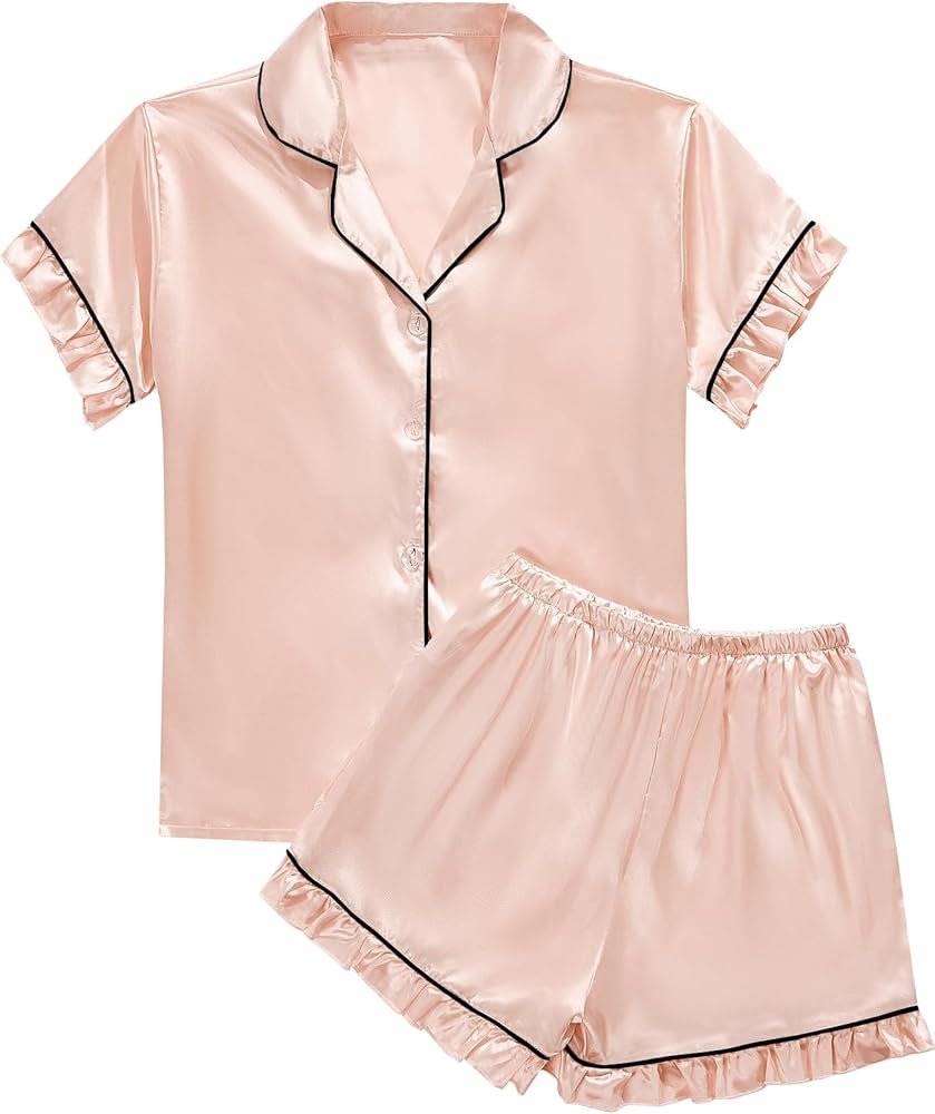 Umenlele Women's Satin Silky Ruffle Short Sleeve Top with Shorts Sleepwear Pajamas PJ Set