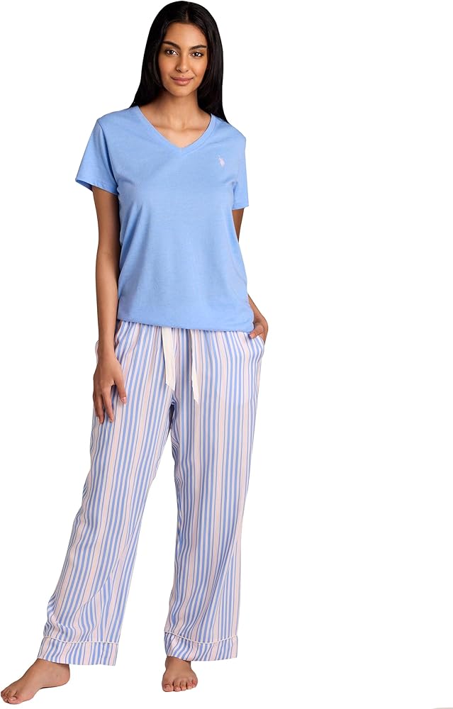 U.S. Polo Assn. Pajama Sets for Women 2 Piece, PJ Sets for Women with Knit Sleep Tee and Woven Pajama Pants with Pockets