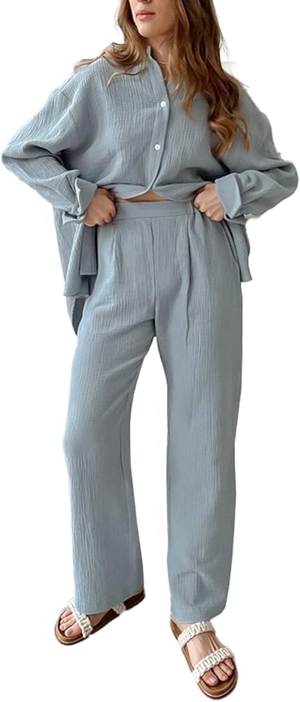 Womens Pajamas Set Cotton Long Sleeve Sleepwear Button Down Nightwear Soft Pj Lounge Sets