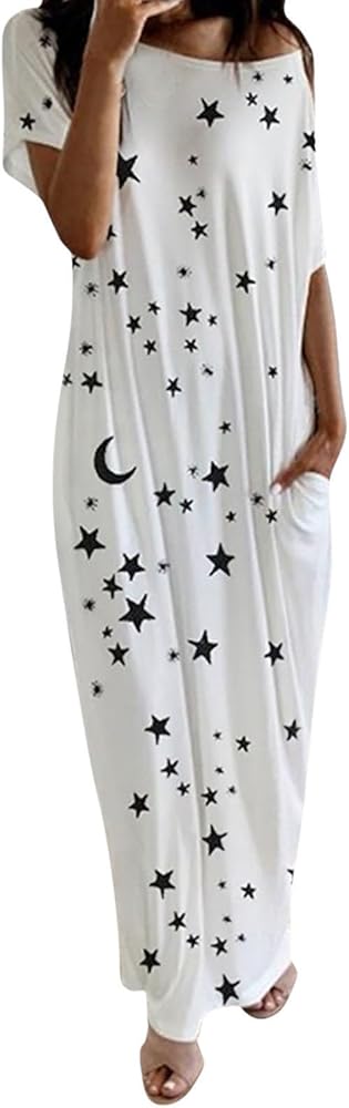 Women's Nightgown Plus Size Star Print Short Sleeve Nightdress Daily Casual Soft Inclined Shoulder Long Sleep Dress Pajamas Cute Loose Loungewear Nightshirt White 5X