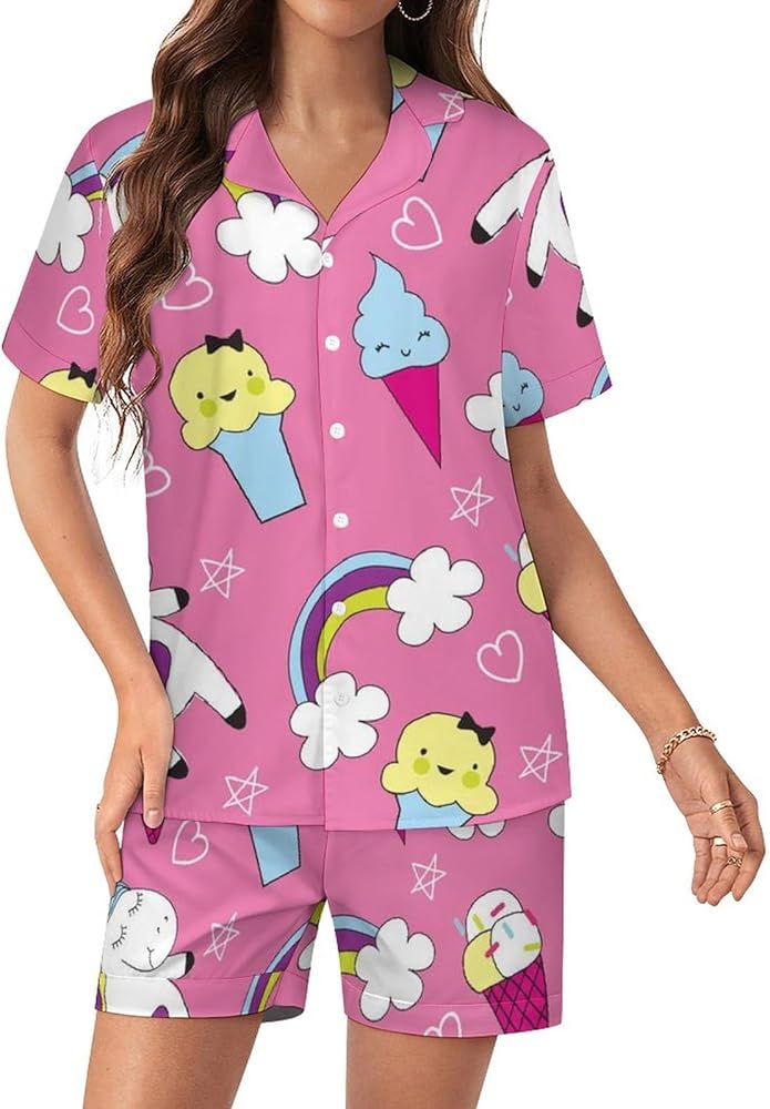 Unicorn Ice Cream Rainbow Womens Silk Satin Pajamas Set Short Sleeve Button-Down Sleepwear Loungewear Pj Set