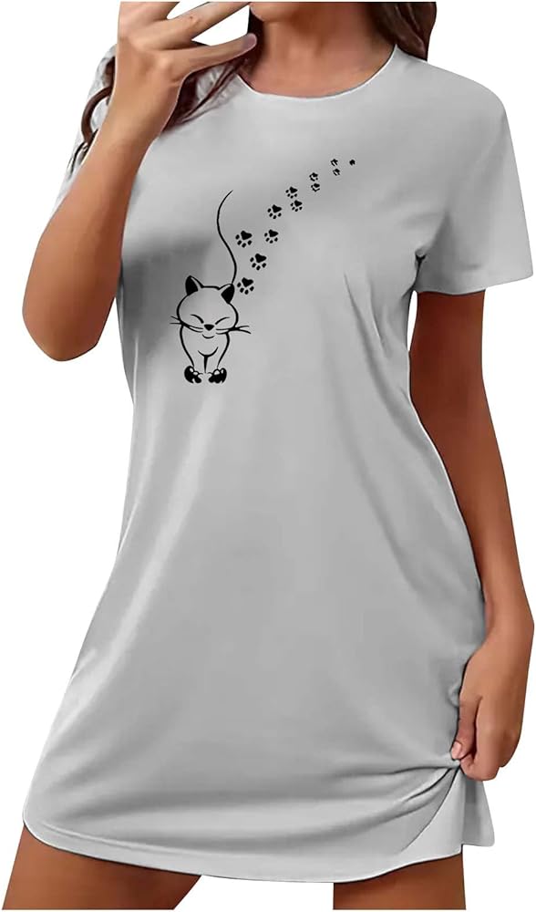 Womens Cute Cat Printed Nightgown Soft Sleepshirt Short Sleeve Tshirt Nightdress Sleepwear Casual Comfy Pajama