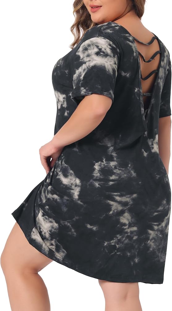 Agnes Orinda Plus Size Tie Dye Nightgowns for Women Backless V Neck Sexy Sleepdress Pajamas Nightshirt Dress